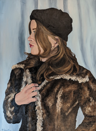 A painting of a girl looking off to the left with a hat and brown fur coat. The girl has long hair and earrings. 