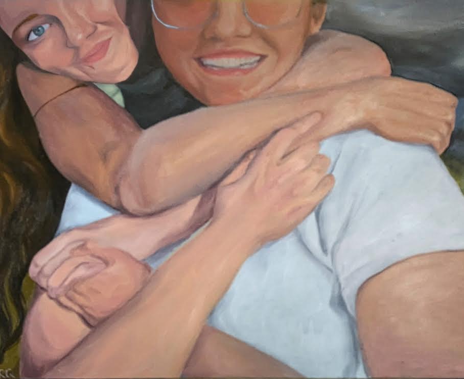 Two people painted in a close up. Their eyes are out of frame as one person hugs the other from behind. 