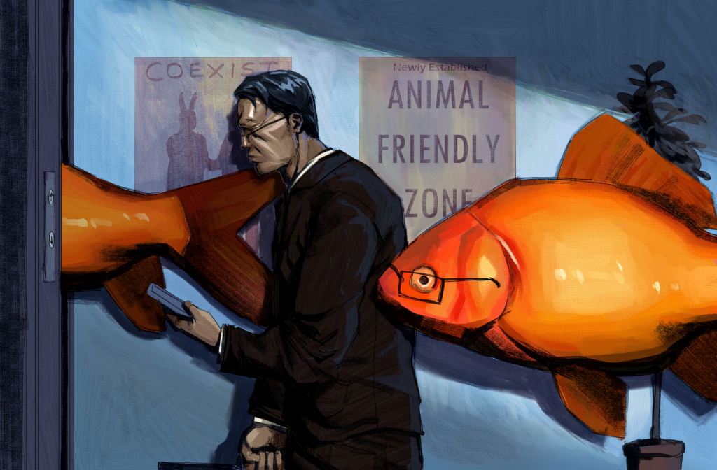 A man walks with giant goldfish floating next to him. There is a sign that reads "Pet friendly zone."