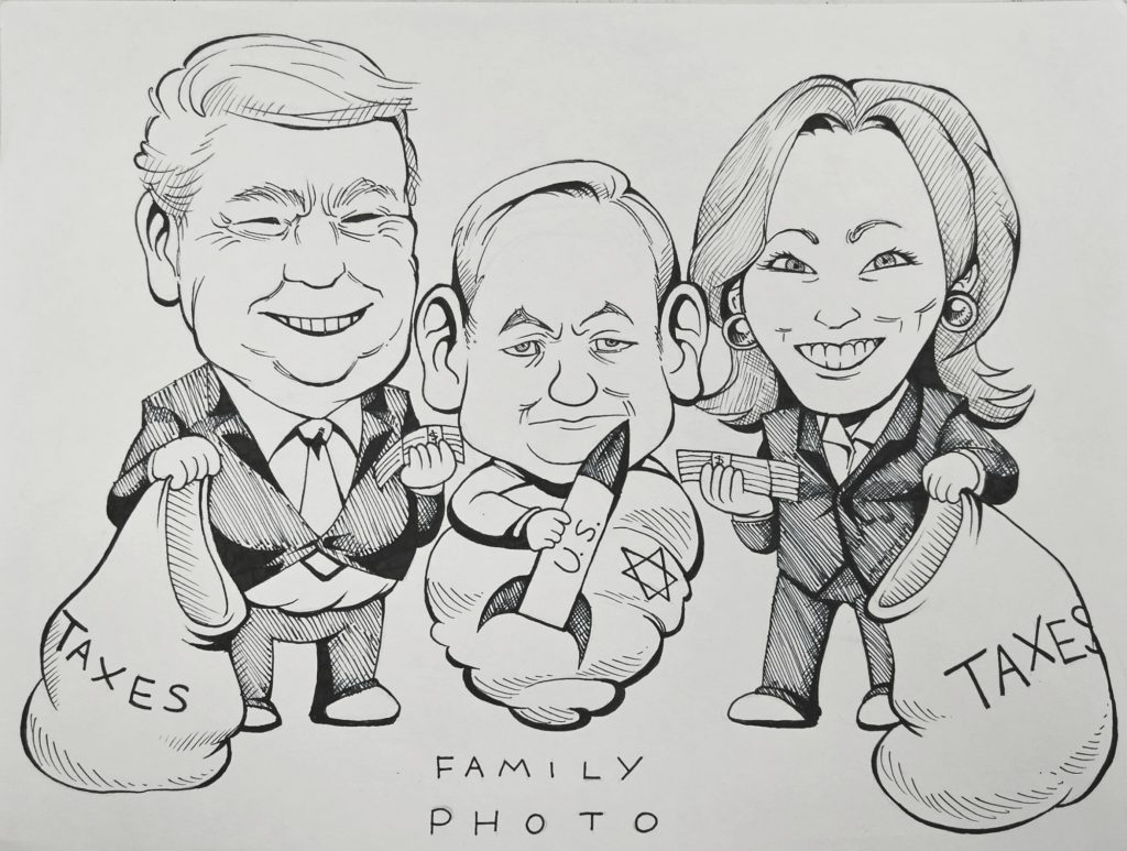 Cartoon caricatures of United States politicians hand a caricature of the Israeli prime minister money from a bag labeled "taxes." The prime minister is wrapped in a blanket like a baby with a Star of David on it and holds a missle labeled"U.S."