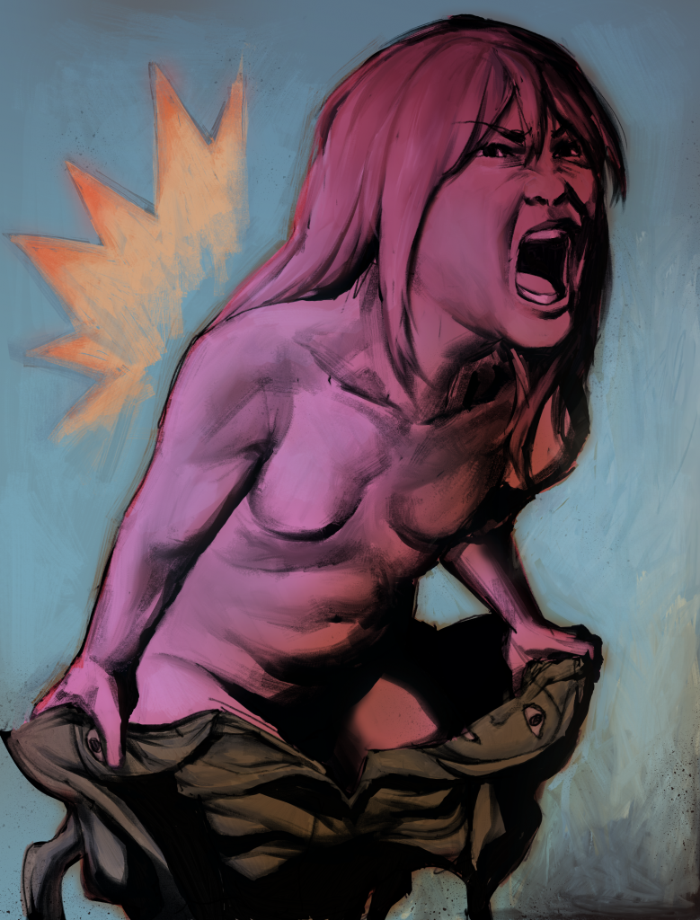 A girl is pink and screaming while she is rips off an outer shell of a smiling face. There is a blue background behind her. 