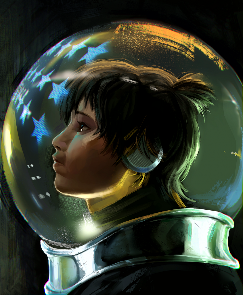 A person looks off to the right of the viewer of the painting., She is in a space helmet and an American flag is reflecting off her helmet. 