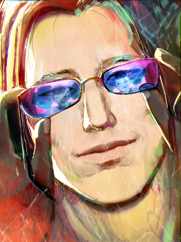 A man has purple and blue glasses with the outline of a person in them as he looks at the viewer of the picture. He has long blond hair and there are green streaks on the edges of the picture. 