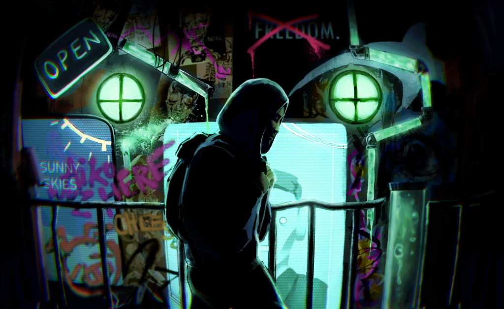 A person walks past a wall with green and blue lights. The person is walking in shadows and is looking away from the graffiti and unsettling words on the wall. 