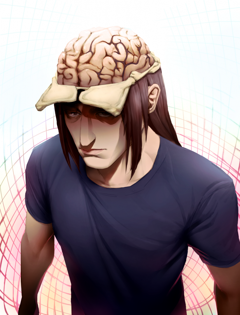 A person has the top of their head open and their brain exposed. They are looking off to the left of the viewer. There is a white background with colorful lines behind him. 