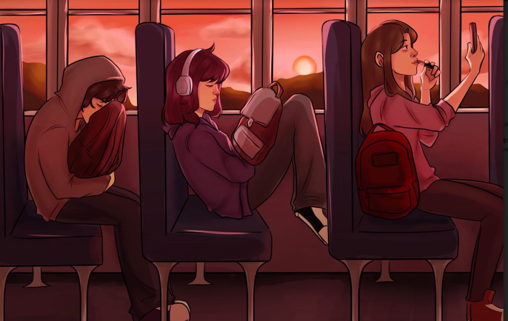 A girl listens to something out of her headphones while other students are occupied on a school bus. the sun is rising in the background. 