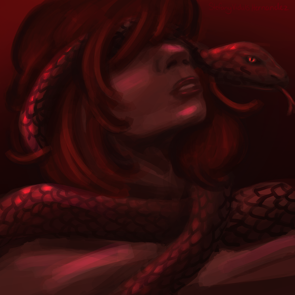 A woman has a snake wrapped around her upper body while she looks up with her eyes covered. The photo is red and dark. 