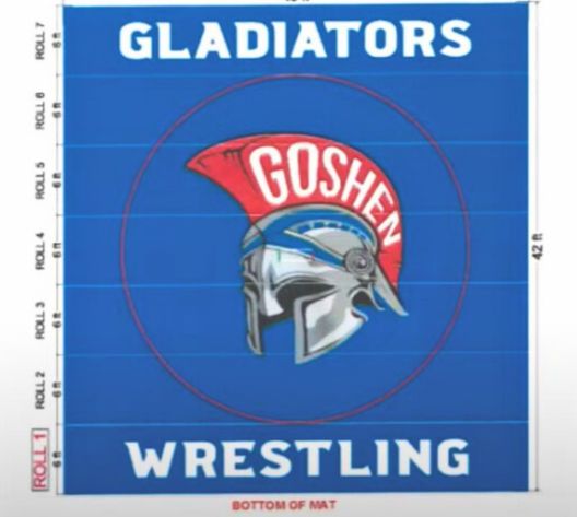 An image of the new Goshen Wrestling mat. On the left side, the dimensions are shown 6 feet at a time, with the right side showing the total length of 42 feet. The Mat is blue with the Goshen Gladiators' helmet and says Gladiators above the helmet and wrestling below it.