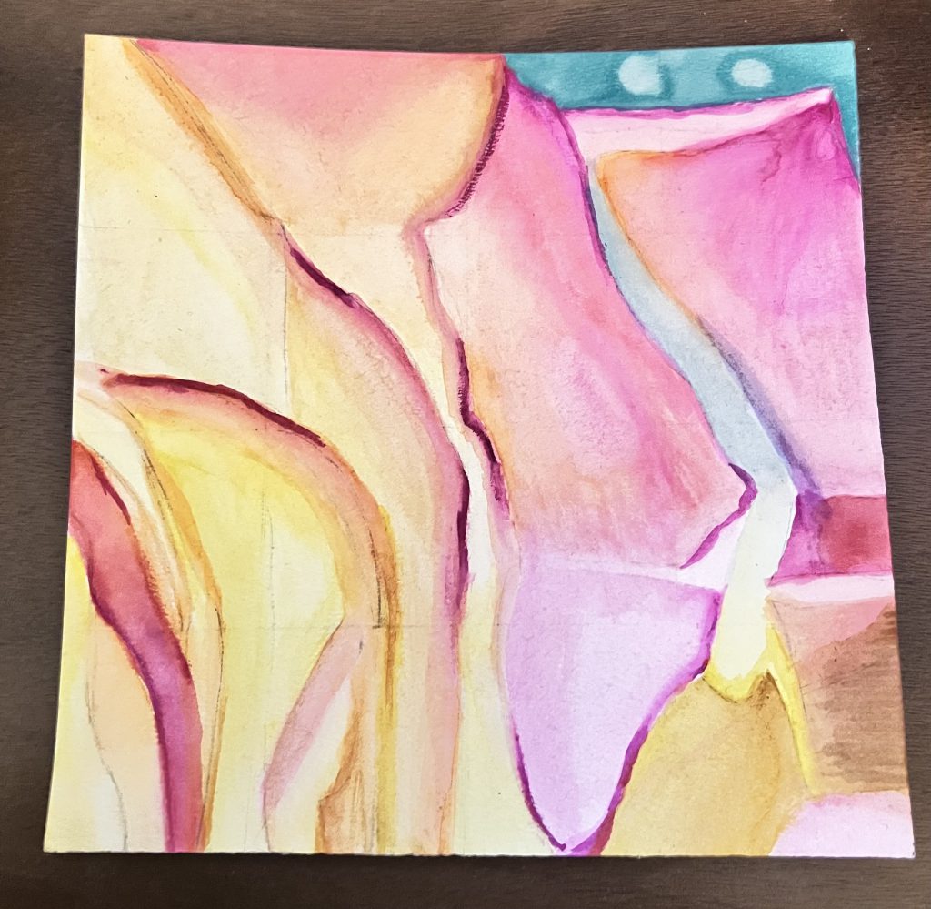 A yellow and purple and pink painting with white and blue. The shapes are yellow with purple outlines. 