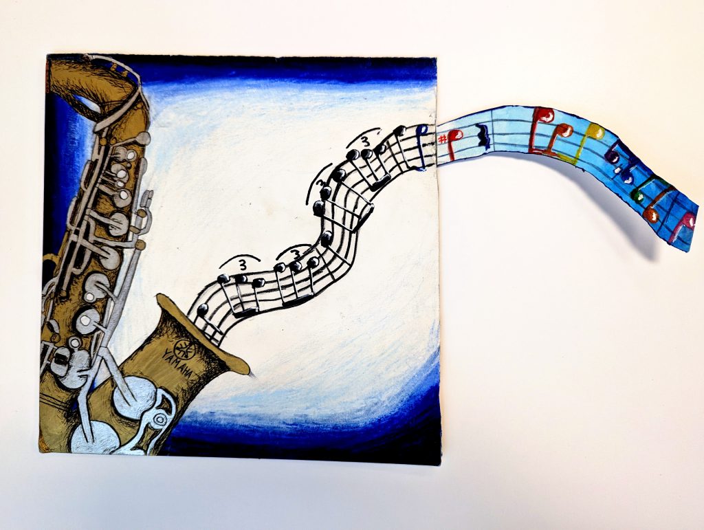 A saxophone is playing music with a blue frame around the edge of the paper and music notes are coming out and traveling off the paper in a bending and curving line of musical notes. 