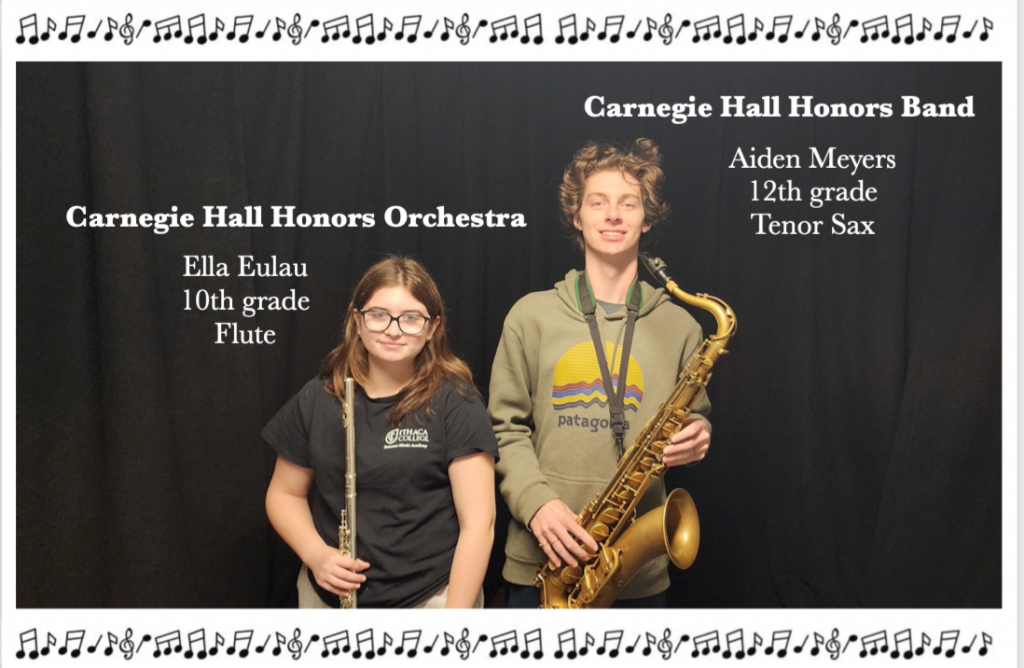 Ella Eulau stands on the left with her flute and Aiden Meyers stands on the right with his tenor saxophone. They are smiling in front of a black background in the Goshen High School music department's practice room. There are music notes above and below them decoratively around the image. 