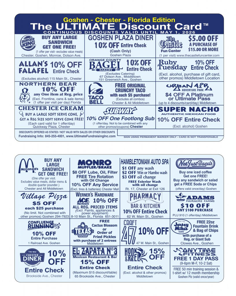 The Goshen- Chester - Florida Ultimate Discount Card and all the businesses that are offered on it. 